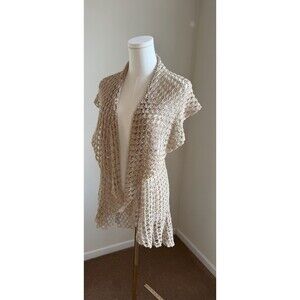 Pure Handknit Crochet Knit Cardigan Shawl Womens S/M Beige Open Weave Boho